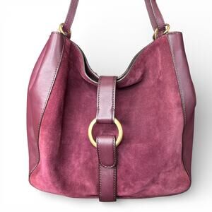 Michael Kors Quincy Large Suede & Leather Shoulder Tote Handbag Plum Burgundy